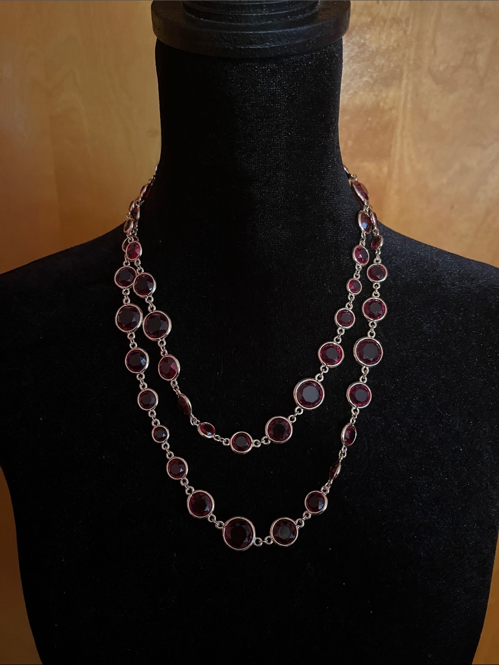 Anne Klein Double Strand Deep Red Glass Disc Necklace in Gold-Tone
